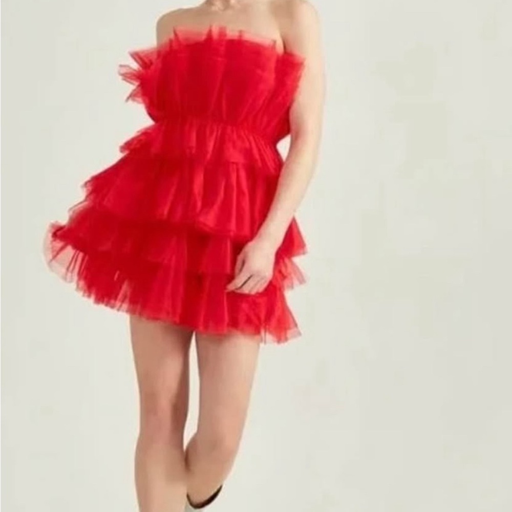 Altar'd State Strapless Red Tiered Tulle Mini Dress